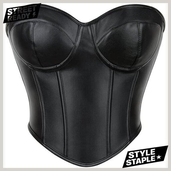 Strapless Faux Leather Corset Bustier Crop Top XXL Boned Lace Up